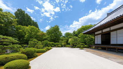 Wall Mural - tranquil Japanese zen garden featuring manicured shrubs, raked gravel, and traditional wooden building under bright blue sky