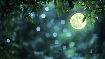 Canvas Print - serene night scene featuring glowing full moon surrounded by lush green leaves and soft bokeh lights, creating tranquil atmosphere