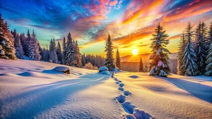 Wall Mural - Vibrant Winter Wonderland: Playful Footprints in Snowy Landscape