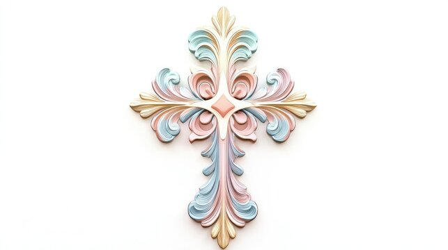 A single Easter logo featuring an intricately designed cross in pastel colors, beautifully isolated on a clean white background.