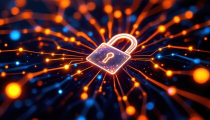 Fototapete - Digital security concept with glowing padlock and circuit design