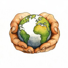 watercolor painting of hands gently holding a green and blue globe on white background