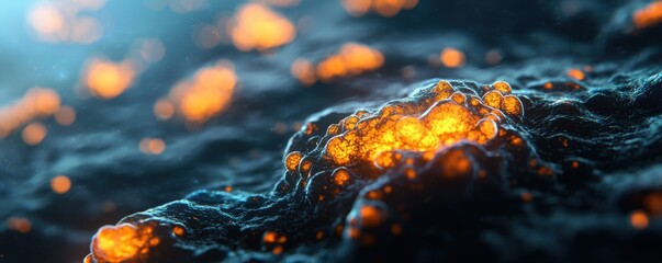 Poster - Illuminated microbial action underwater lava environment digital art close-up viewpoint abstract concept