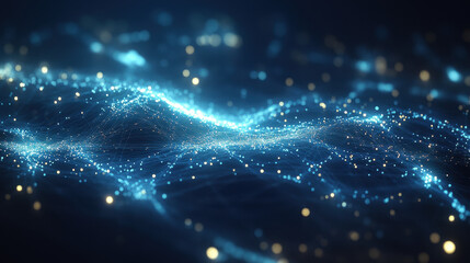 Abstract blue glowing digital network background with light particles and connections