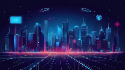 Poster - Futuristic Cityscape: Neon Lights illuminate a Cyberpunk Metropolis at Night