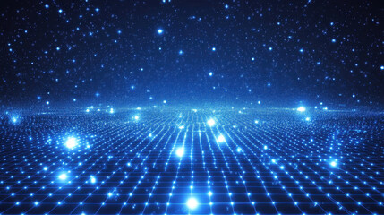 Blue digital grid background with glowing stars and particles, a futuristic technology concept