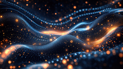 Abstract background with glowing particles and light trails on dark blue
