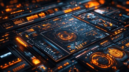 Poster - Futuristic Technology Interface with Glowing Elements and Circuitry Details