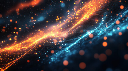 Abstract background with glowing particles and light trails on dark blue
