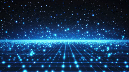 Blue digital grid background with glowing stars and particles, a futuristic technology concept