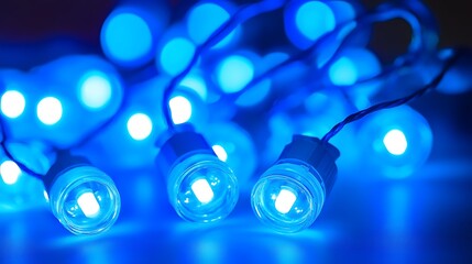 Canvas Print - Close-up of bright blue LED lights, glowing softly on a dark background.