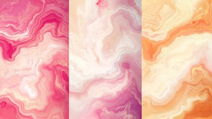 Poster - Abstract Tri-Panel: Flowing Marble Patterns in Pink, Peach, and Orange Tones