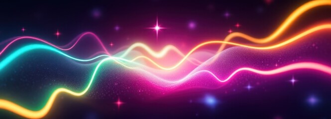 Poster - Vibrant neon waves with glowing stars on dark background