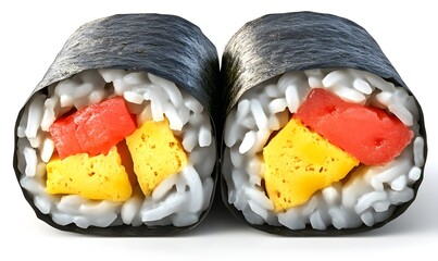 Two halves of delicious sushi roll, tamago and tuna, close-up, white background, food photography, for restaurant menu