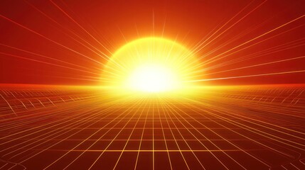 Fototapete - Abstract Horizon: Glowing Sun Over a Digital Grid Landscape Artwork