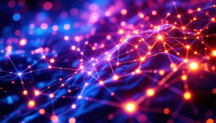 Fototapete - Colorful abstract network with glowing nodes and lines in a dark background