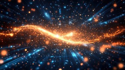 Abstract background with glowing particles and light trails on dark blue