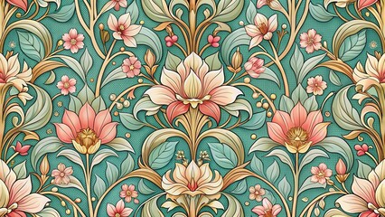 Wall Mural - Elegant Art Nouveau Seamless Pattern with Blooming Blossoms, ornate, nature,  ornate, nature, floral pattern