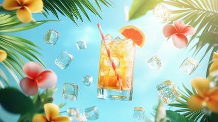 Aufkleber - Tropical summer sale banner with playful elements like floating ice cubes, refreshing beverages, and palm leaves against a sunny backdrop.