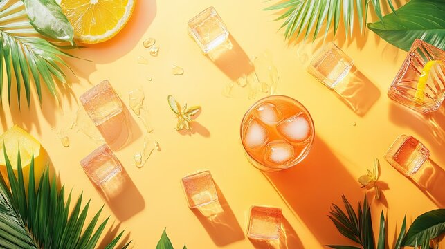 Tropical summer sale banner with playful elements like floating ice cubes, refreshing beverages, and palm leaves against a sunny backdrop.