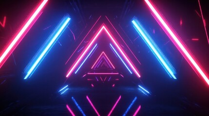 Poster - Abstract Neon Triangle Tunnel with Glowing Pink and Blue Light