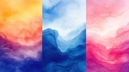 Poster - Triptych of Abstract Watercolor Backgrounds in Orange, Blue and Pink