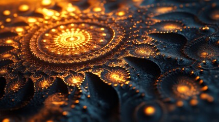 Poster - Intricate fractal patterns with glowing golden lights evoke cosmic energy