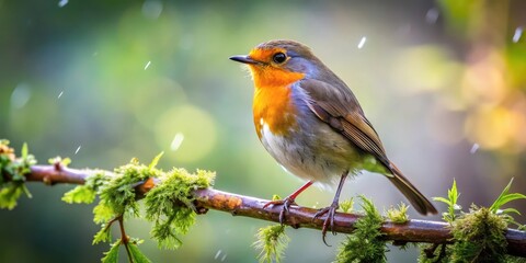 Wall Mural - A bird perches on a tree branch in a forest, its feathers glistening with dew, scenes, birds,  scenes, birds