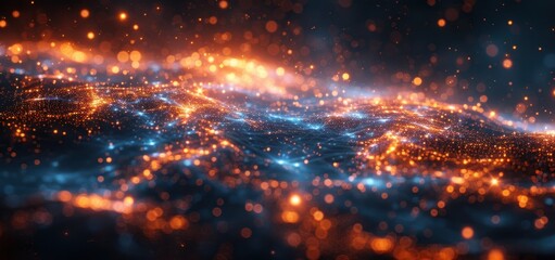 Poster - Abstract glowing network of orange and blue lights in dark space