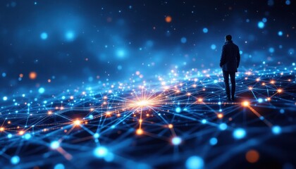 Fototapete - Futuristic landscape with male silhouette on network grid and glowing lights