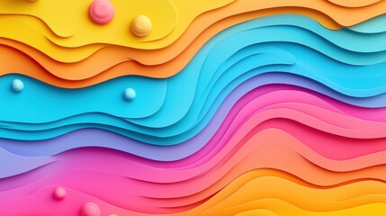 Poster - Abstract colorful paper layers background with wavy shapes and spheres