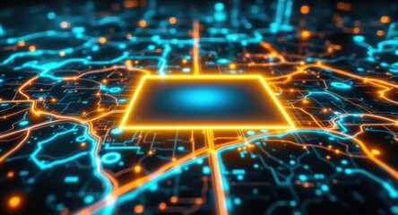 Fototapete - Futuristic glowing digital circuit board with neon blue and orange lights