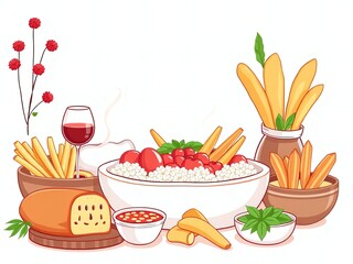 Wall Mural - an image of a bowl of food with bread, breadsticks, and a glass of wine, illustration of a bowl of food with bread, breadsticks, and a glass of wine