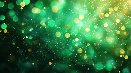 Poster - Vibrant green and gold bokeh light background with sparkling circles