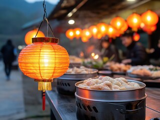 Lantern in Night Market with Dumplings and Warm Ambiance