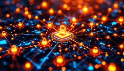 Poster - Digital security network with glowing padlocks and data connections