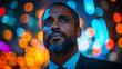 © Shahazadi - Confident Black Man Night City Lights Bokeh Background Portrait Blue Dark Urban Moody Photo Image