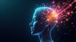 © Viktor_D - Digital human head, illuminated with an explosive burst of vibrant, swirling spheres, digits, and data streams, set against a dark, gradient background