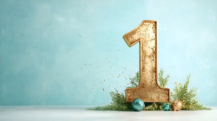 Poster - Golden Number 1 with Pine Branches and Christmas Ornaments on Turquoise Background  Festive holiday or new year concept with minimalist modern and creative design