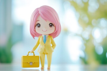 Adorable anime businesswoman figurine in yellow suit, holding a briefcase, against a blurred background.