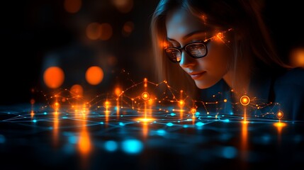 Focused Woman Analyzes Digital Data in Futuristic Office