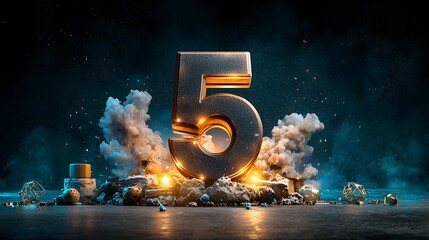 Poster - Explosive 5th Anniversary with Fiery Rocket Launch and Cascading Fireworks Display   A visually stunning depiction of a momentous milestone marked by an pyrotechnic spectacle in the night sky