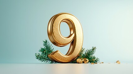 Poster - Golden 3D Number Nine with Twinkling Christmas Tree Branches Festive Ornaments and Holiday on a Minimalist Background  Concept of or Birthday