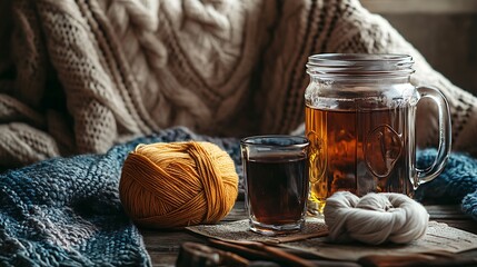 Poster - Cozy autumn scene with tea, yarn, and knitting needles.