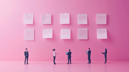 Poster - tiny business people and manager at tasks and goals accomplishment chart. task management, project m
