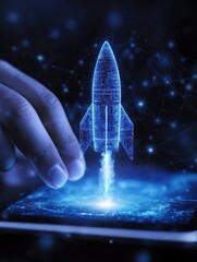 Poster - Successful business and startup concept with double exposure of human finger on digital tablet screen and virtual blue light rocket