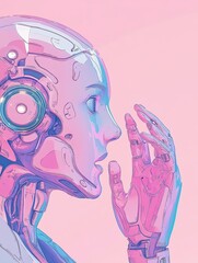 Poster - Business people communicate with chatbot application. Chatbot artificial intelligence, talkbots service, interactive agent support concept. Pinkish coral bluevector isolated illustration