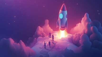 Poster - Startup landing page. Successful project launch, isometric rocket people at dashboard. Creative business, customized vector design