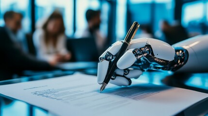 Leinwandbilder - A robotic hand writes on a document in a modern office setting, showcasing the integration of technology in professional environments.