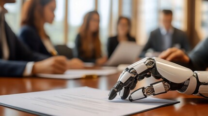 Leinwandbilder - A robotic hand reaches for documents during a business meeting, highlighting the intersection of technology and collaboration in a professional setting.